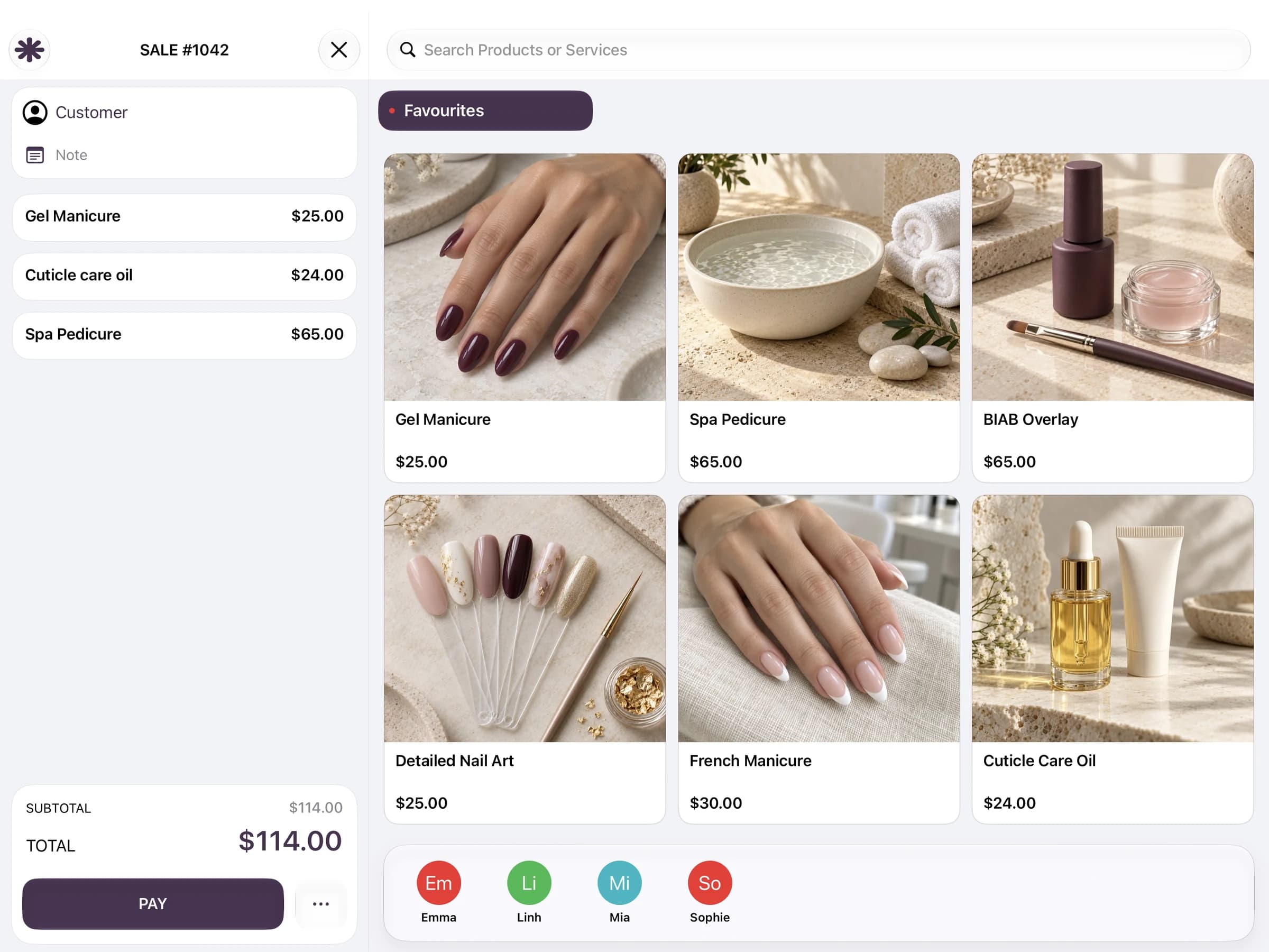 Gloss POS Sale screen on iPad with nail services and cart