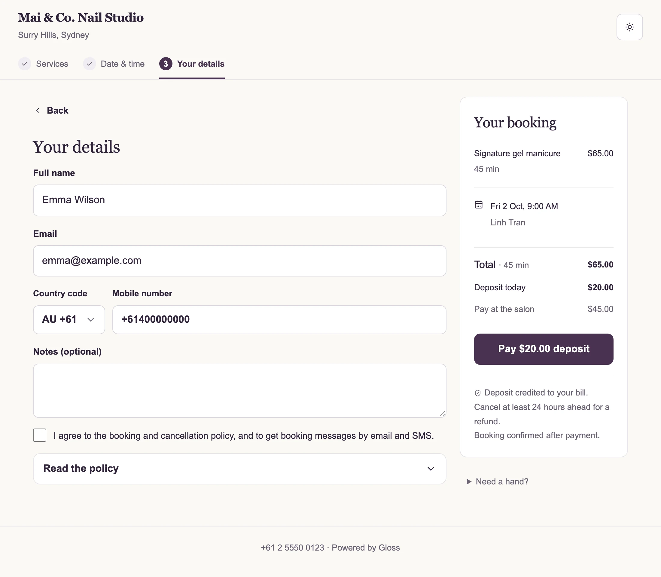 Gloss customer booking with the service, deposit and remaining balance