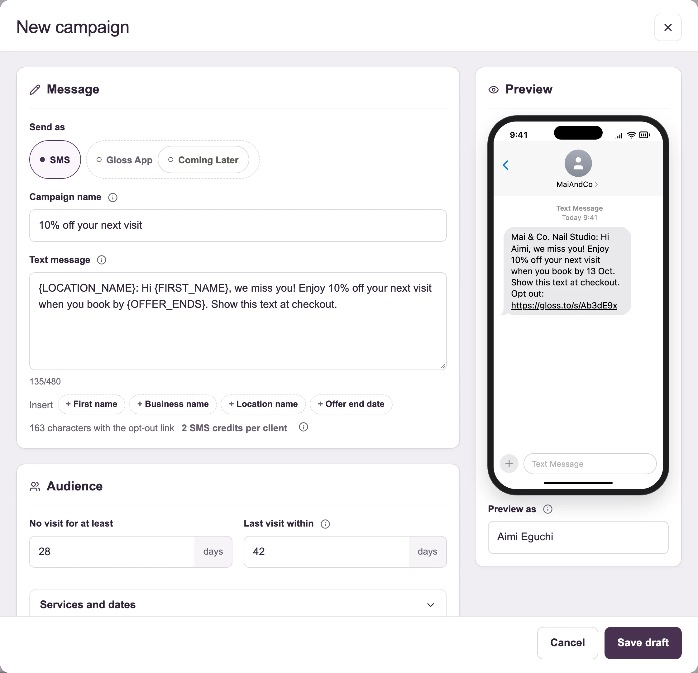 Gloss campaign editor with a personalised message preview